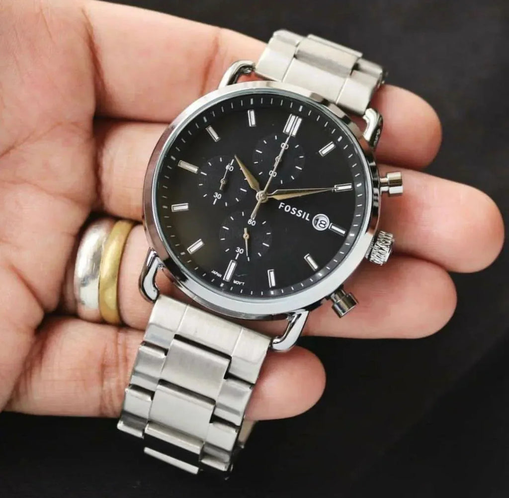 Fossil Silver Stainless Steel Strap Black Dial