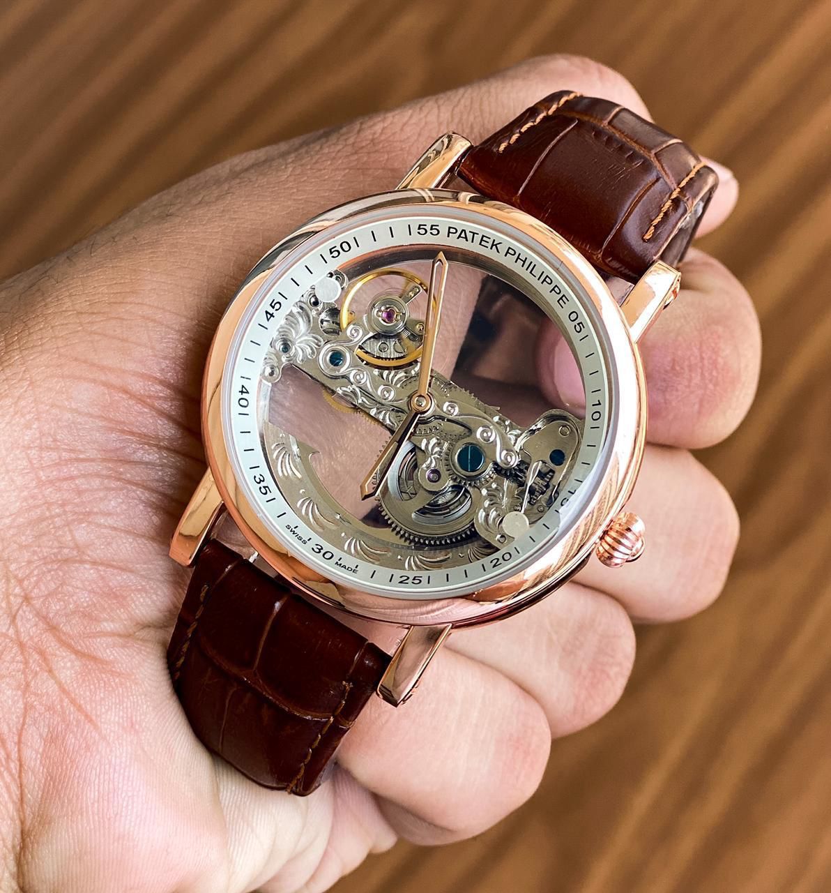 Patek Philippe Skeleton Rose Gold Leather Strap Watch