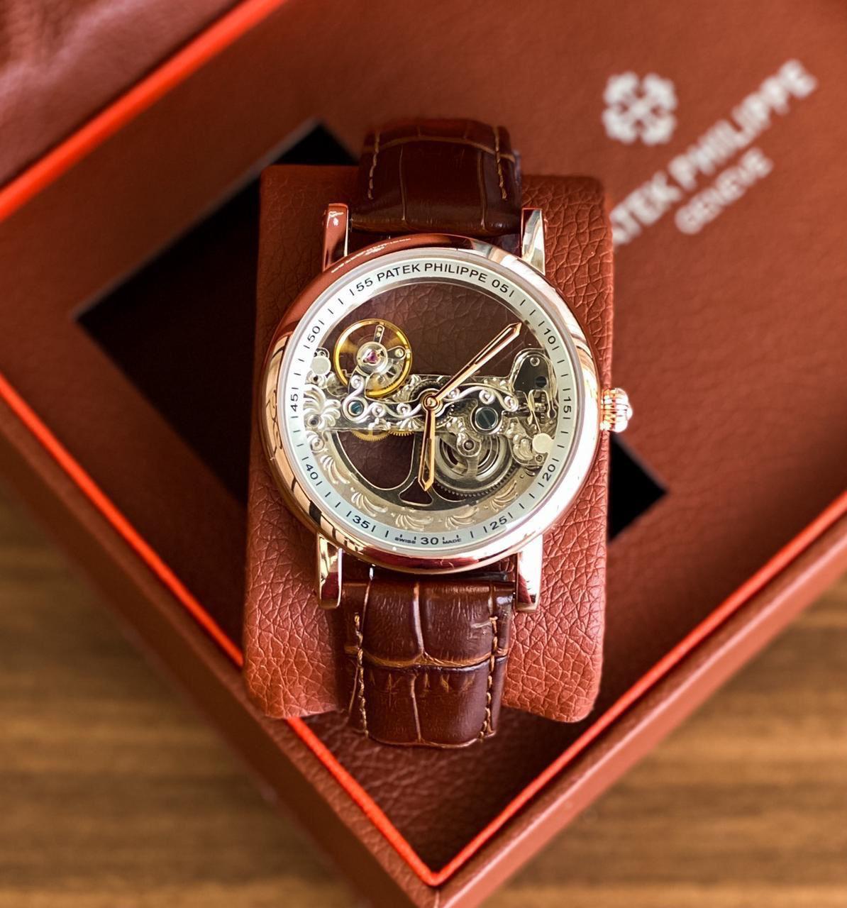 Patek Philippe Skeleton Rose Gold Leather Strap Watch