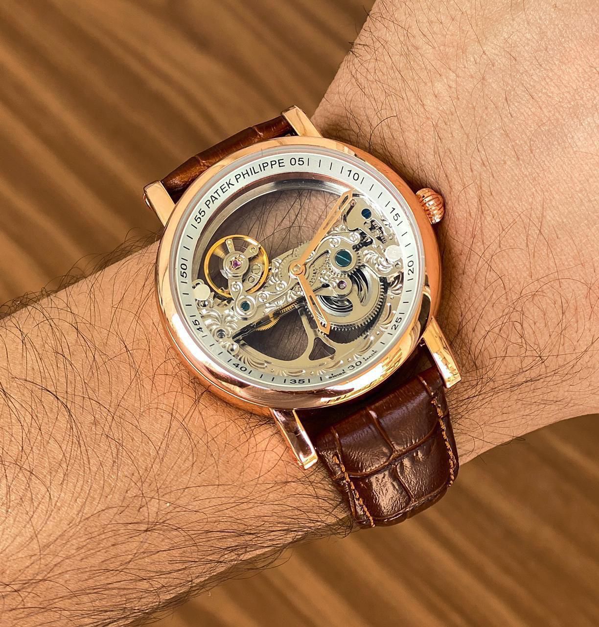 Patek Philippe Skeleton Rose Gold Leather Strap Watch